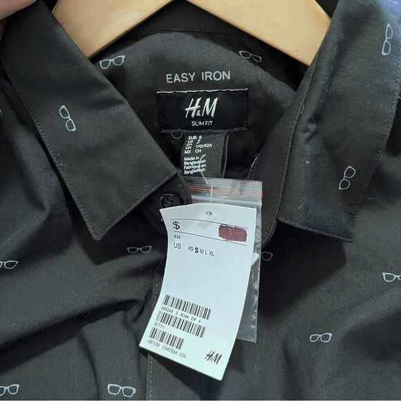 H&M Mens Glasses Print Slim Fit Casual Button Down Shirt Small - Picture 7 of 7